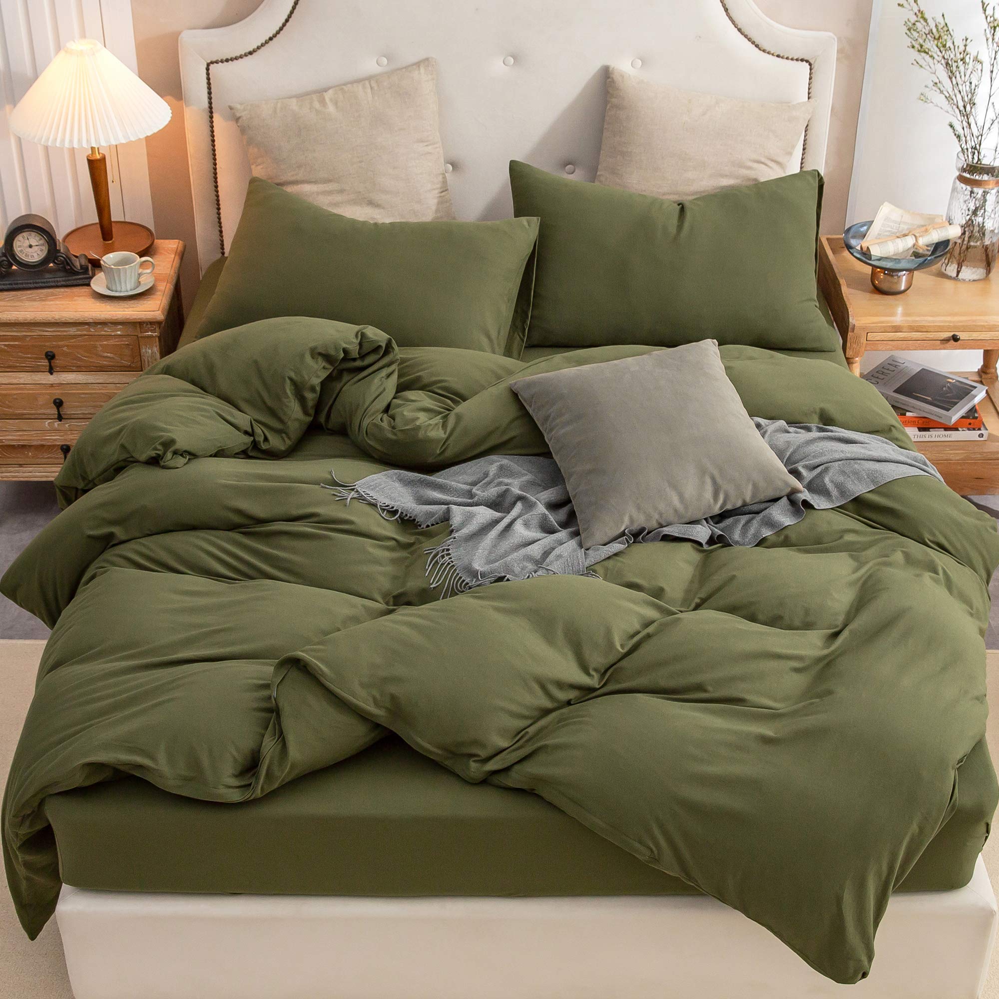 Pure Era Jersey Knit Duvet Cover Set 100% T-Shirt Cotton Super Soft Comfy 2Pc Bedding Set With Zipper Closure (Solid Olive Green
